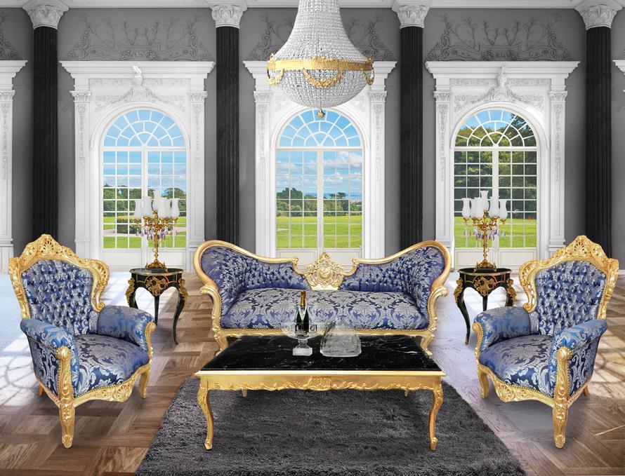 scene canape baroque napoleon 3 et fauteuil royal tissu goblin bleu et bois dore